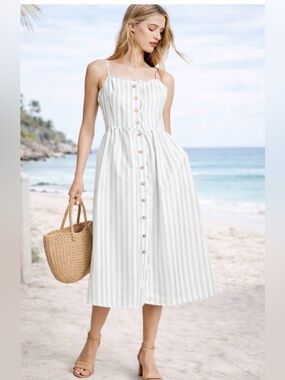 English Factory White and Light Green Striped Midi Sundress